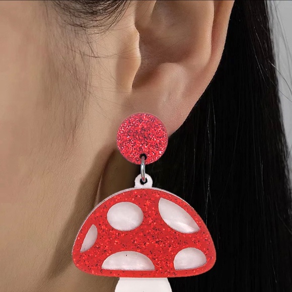Glitter Red Mushroom Statement Earrings - Picture 4 of 6